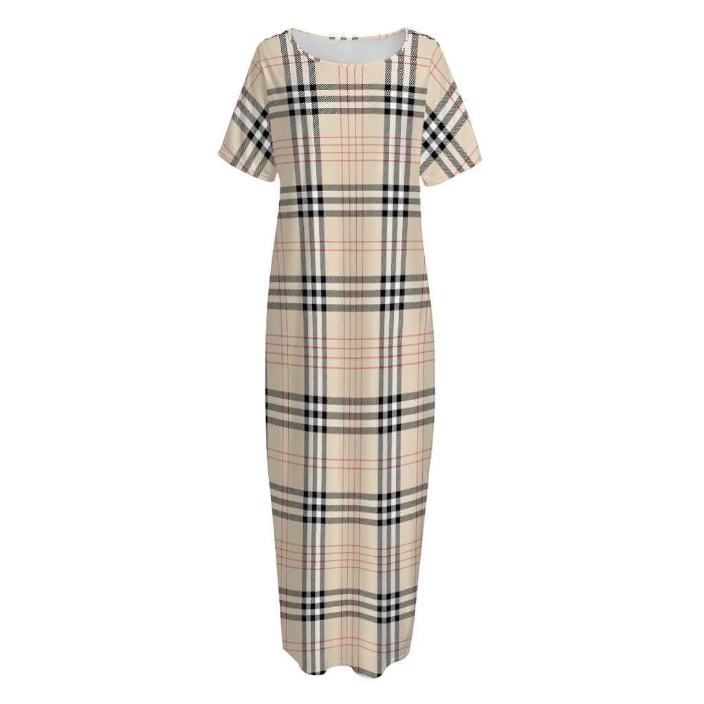 Beige Tartan Pattern Print Short Sleeve Long Nightdress