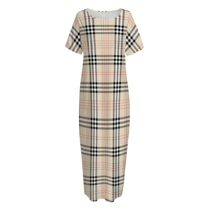 Beige Tartan Pattern Print Short Sleeve Long Nightdress