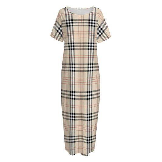 Beige Tartan Pattern Print Short Sleeve Long Nightdress