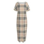 Beige Tartan Pattern Print Short Sleeve Long Nightdress