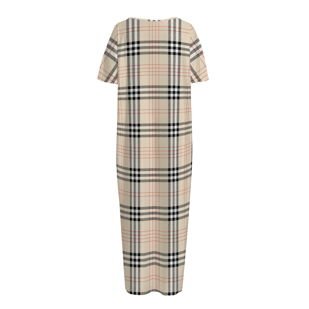 Beige Tartan Pattern Print Short Sleeve Long Nightdress