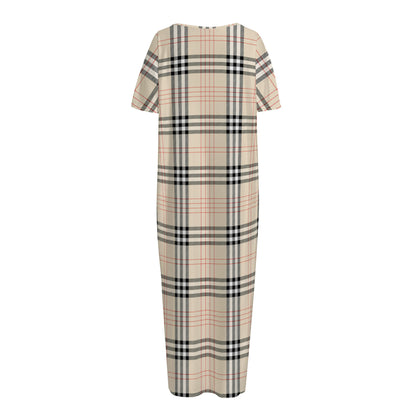 Beige Tartan Pattern Print Short Sleeve Long Nightdress