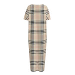 Beige Tartan Pattern Print Short Sleeve Long Nightdress