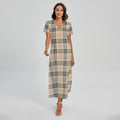 Beige Tartan Pattern Print Short Sleeve Maxi Dress