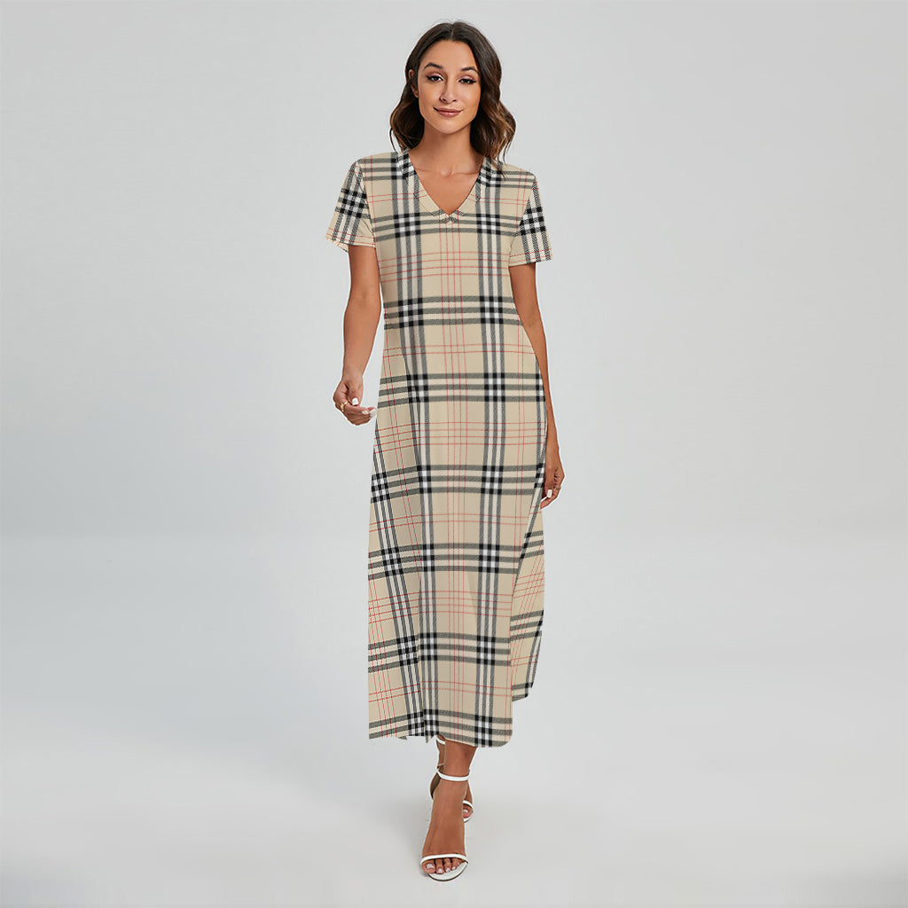 Beige Tartan Pattern Print Short Sleeve Maxi Dress