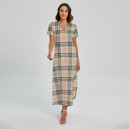 Beige Tartan Pattern Print Short Sleeve Maxi Dress