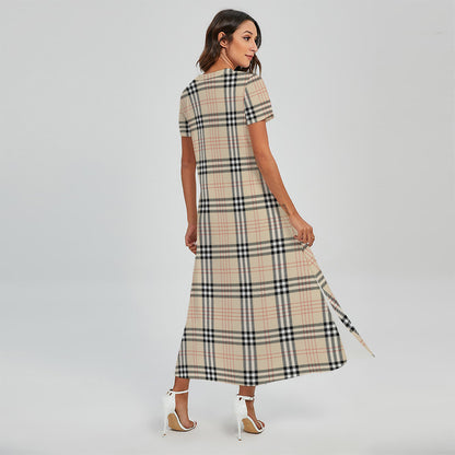Beige Tartan Pattern Print Short Sleeve Maxi Dress