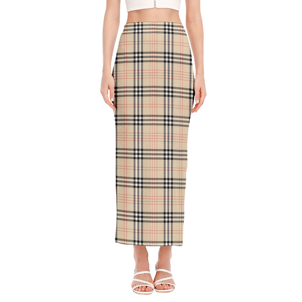 Beige Tartan Pattern Print Side Slit Maxi Skirt