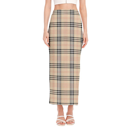 Beige Tartan Pattern Print Side Slit Maxi Skirt