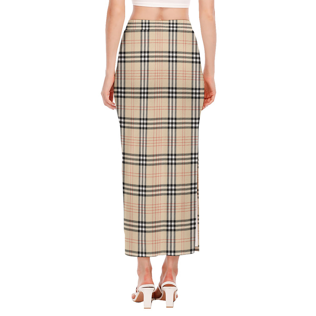 Beige Tartan Pattern Print Side Slit Maxi Skirt