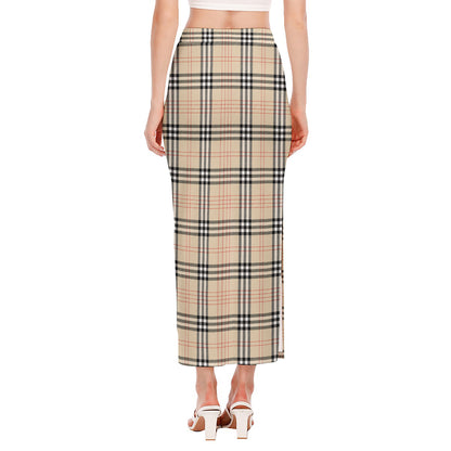 Beige Tartan Pattern Print Side Slit Maxi Skirt