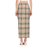 Beige Tartan Pattern Print Side Slit Maxi Skirt