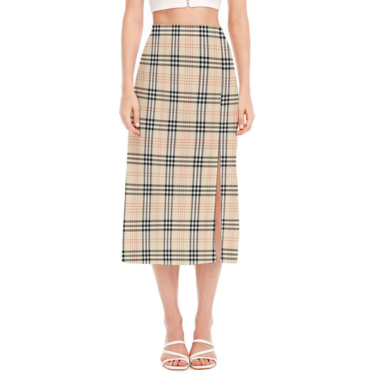 Beige Tartan Pattern Print Side Slit Midi Skirt