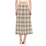 Beige Tartan Pattern Print Side Slit Midi Skirt