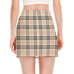 Beige Tartan Pattern Print Side Slit Mini Skirt
