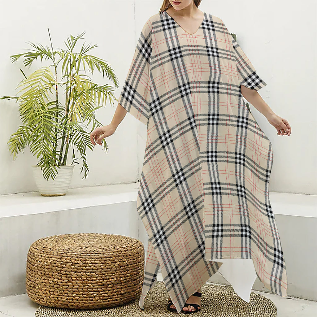Beige Tartan Pattern Print Silk V-Neck Kaftan Dress