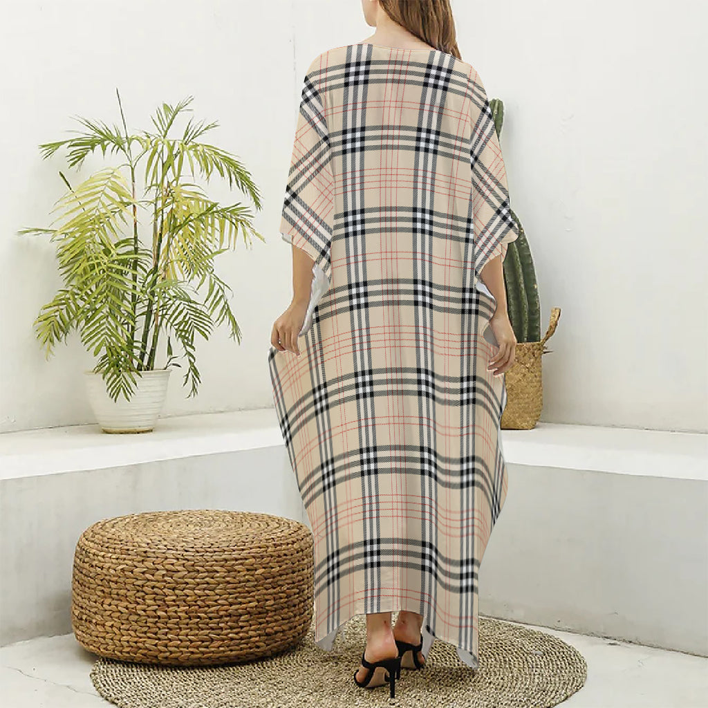 Beige Tartan Pattern Print Silk V-Neck Kaftan Dress