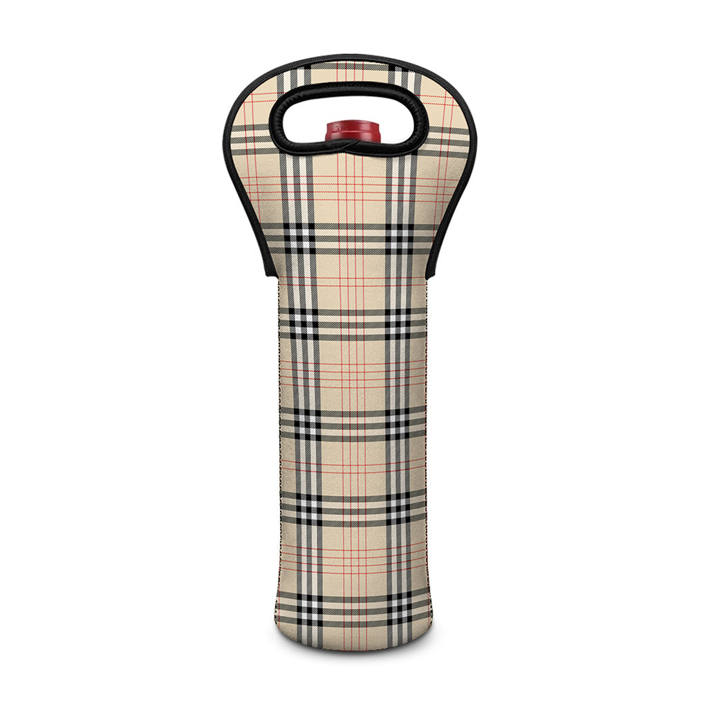 Beige Tartan Pattern Print Single Neoprene Wine Tote
