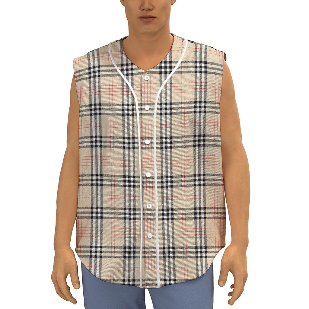 Beige Tartan Pattern Print Sleeveless Baseball Jersey