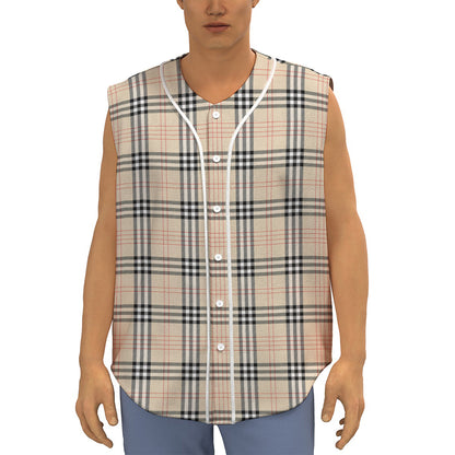 Beige Tartan Pattern Print Sleeveless Baseball Jersey