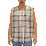 Beige Tartan Pattern Print Sleeveless Baseball Jersey