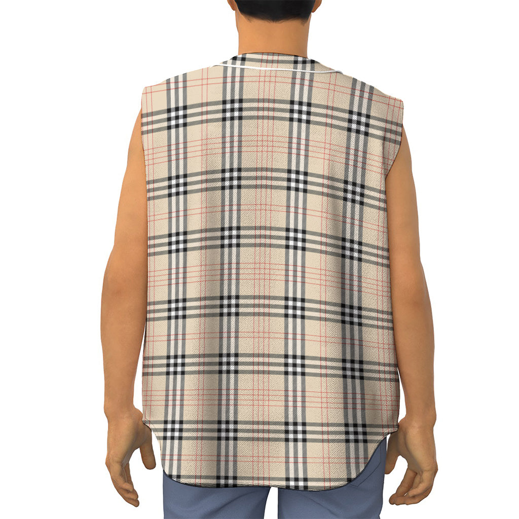 Beige Tartan Pattern Print Sleeveless Baseball Jersey