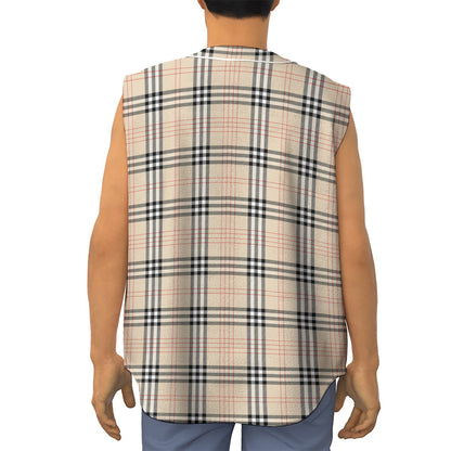 Beige Tartan Pattern Print Sleeveless Baseball Jersey