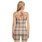 Beige Tartan Pattern Print Sleeveless One Piece Swimsuit