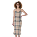 Beige Tartan Pattern Print Slim Fit Midi Cami Dress