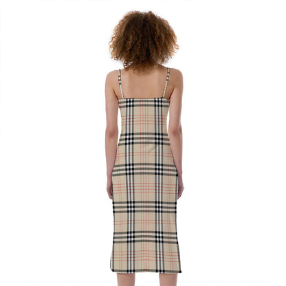 Beige Tartan Pattern Print Slim Fit Midi Cami Dress