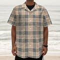 Beige Tartan Pattern Print Textured Short Sleeve Shirt