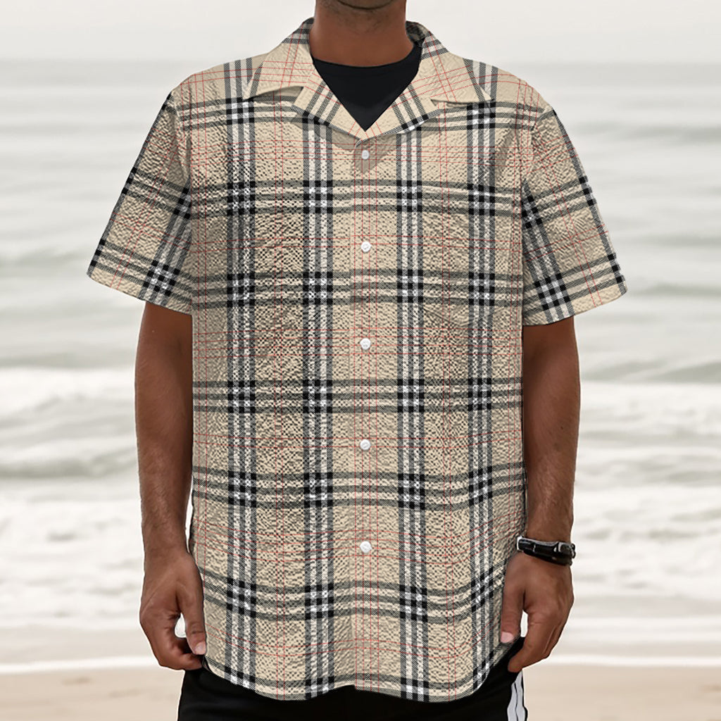 Beige Tartan Pattern Print Textured Short Sleeve Shirt