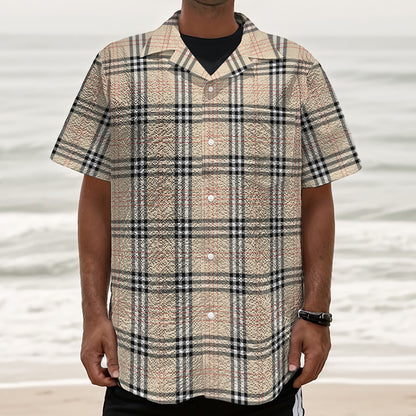 Beige Tartan Pattern Print Textured Short Sleeve Shirt