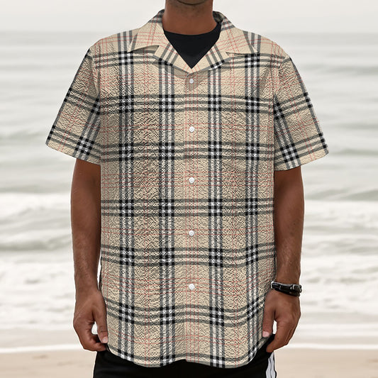 Beige Tartan Pattern Print Textured Short Sleeve Shirt