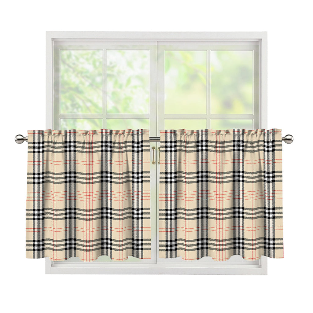 Beige Tartan Pattern Print Tier Curtains