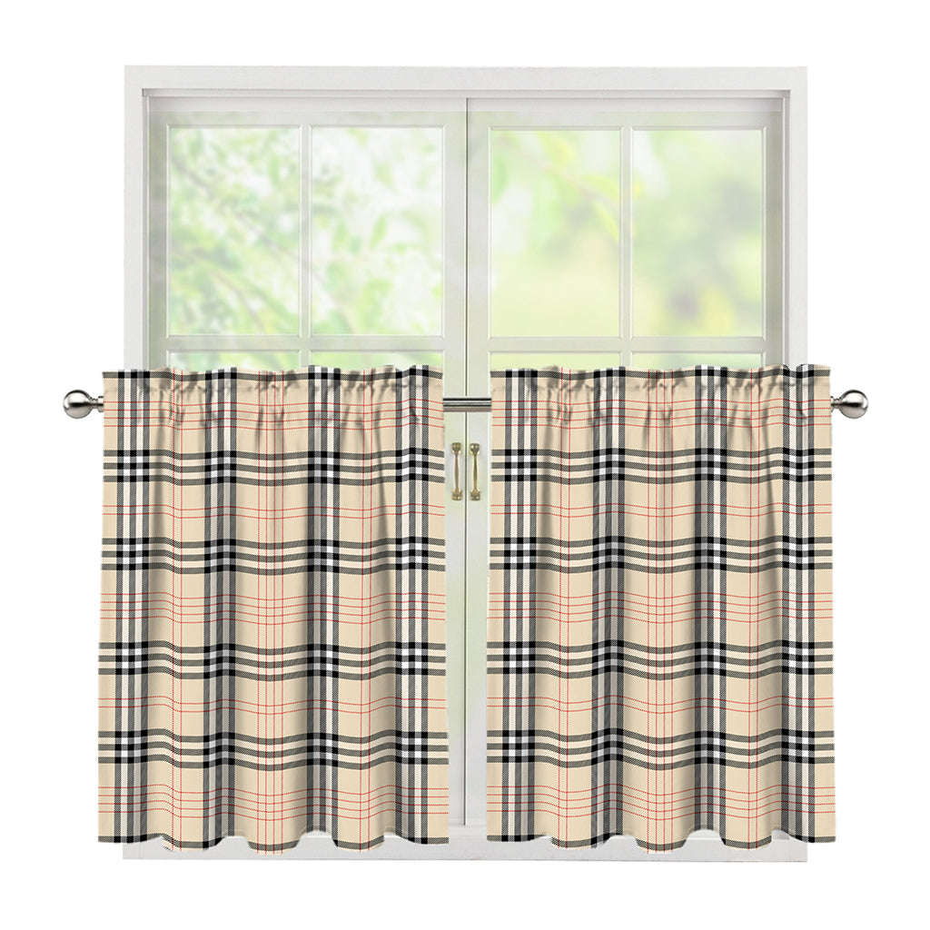 Beige Tartan Pattern Print Tier Curtains