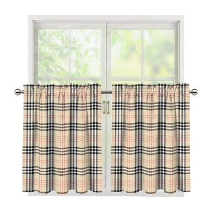 Beige Tartan Pattern Print Tier Curtains