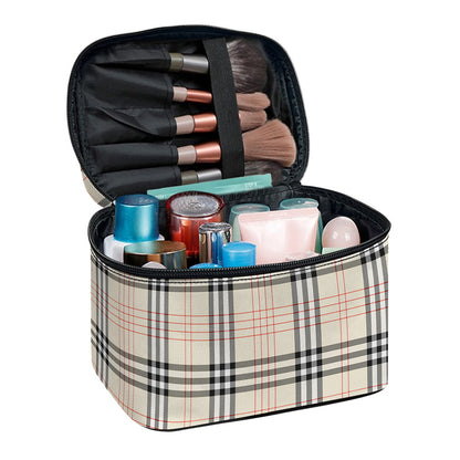 Beige Tartan Pattern Print Travel Makeup Bag
