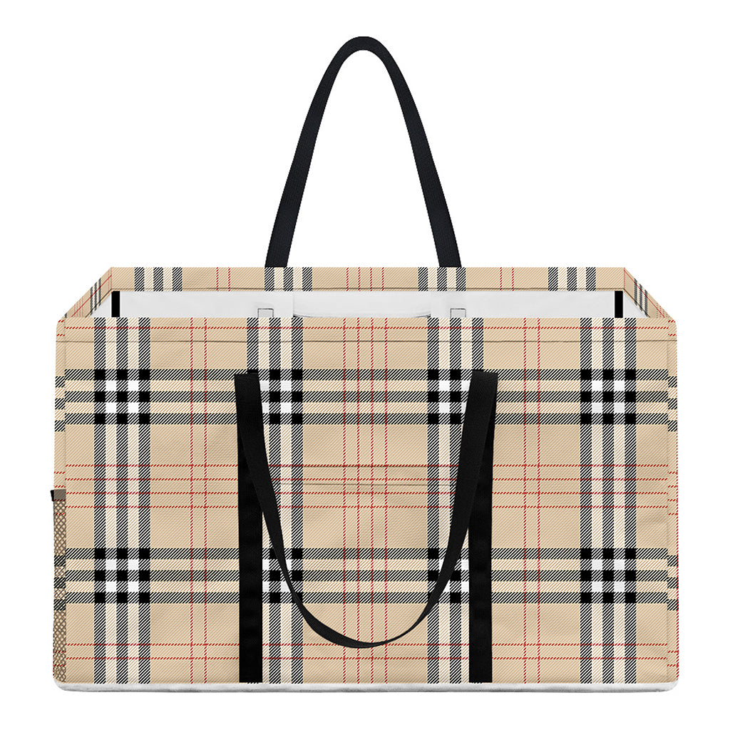 Beige Tartan Pattern Print Utility Tote Bag
