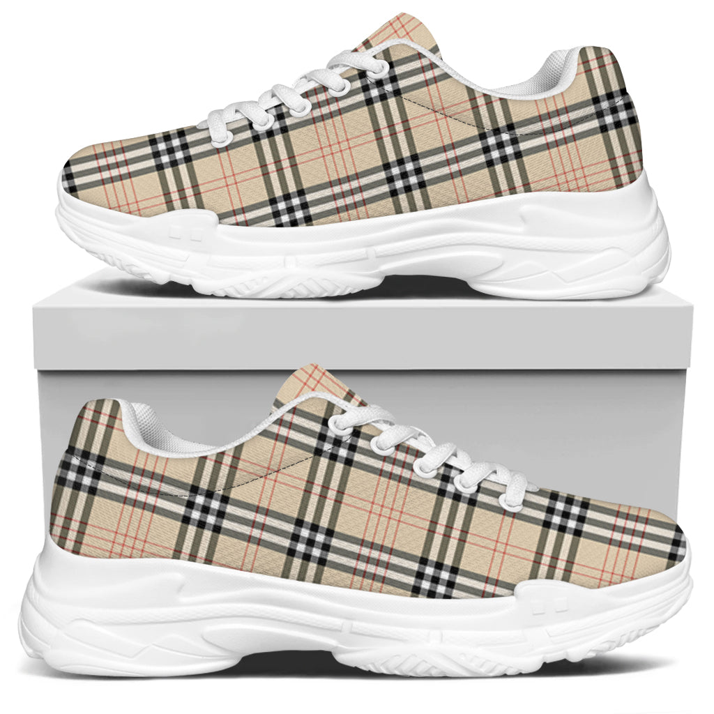 Beige Tartan Pattern Print White Chunky Shoes