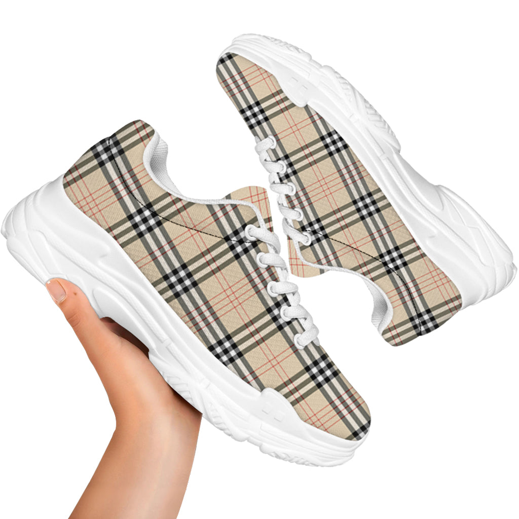 Beige Tartan Pattern Print White Chunky Shoes