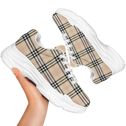 Beige Tartan Pattern Print White Chunky Shoes