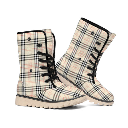 Beige Tartan Pattern Print Winter Boots