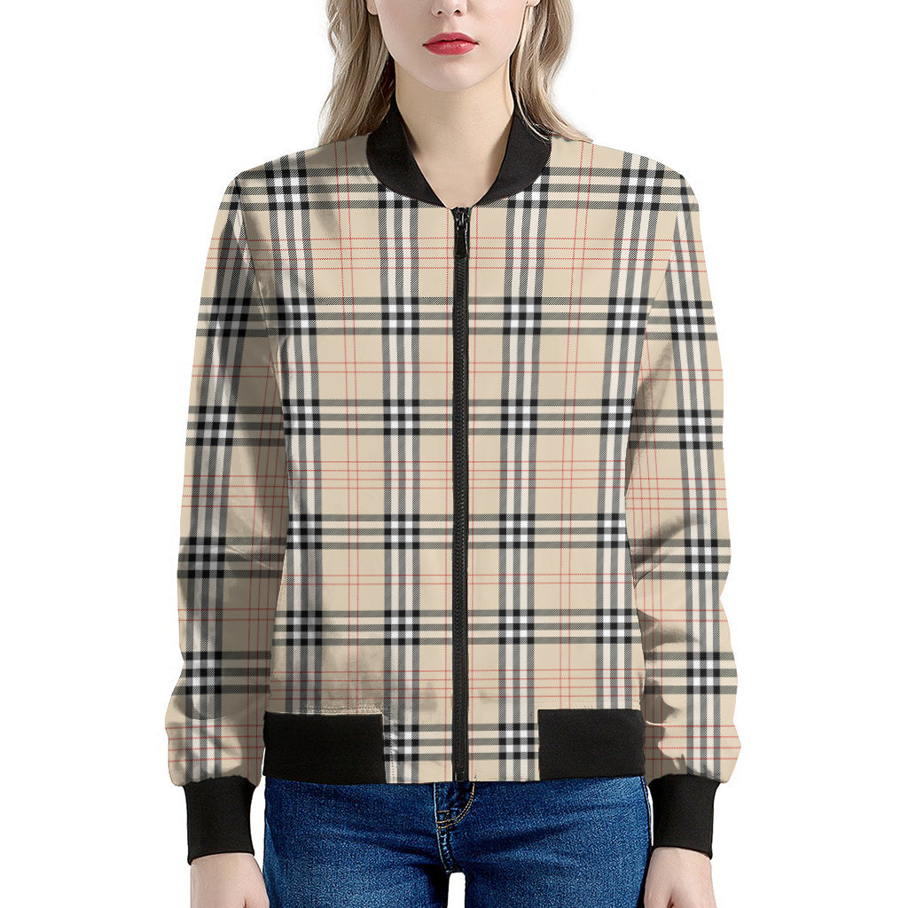 Beige Tartan Pattern Print Women's Bomber Jacket