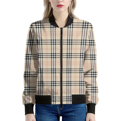 Beige Tartan Pattern Print Women's Bomber Jacket