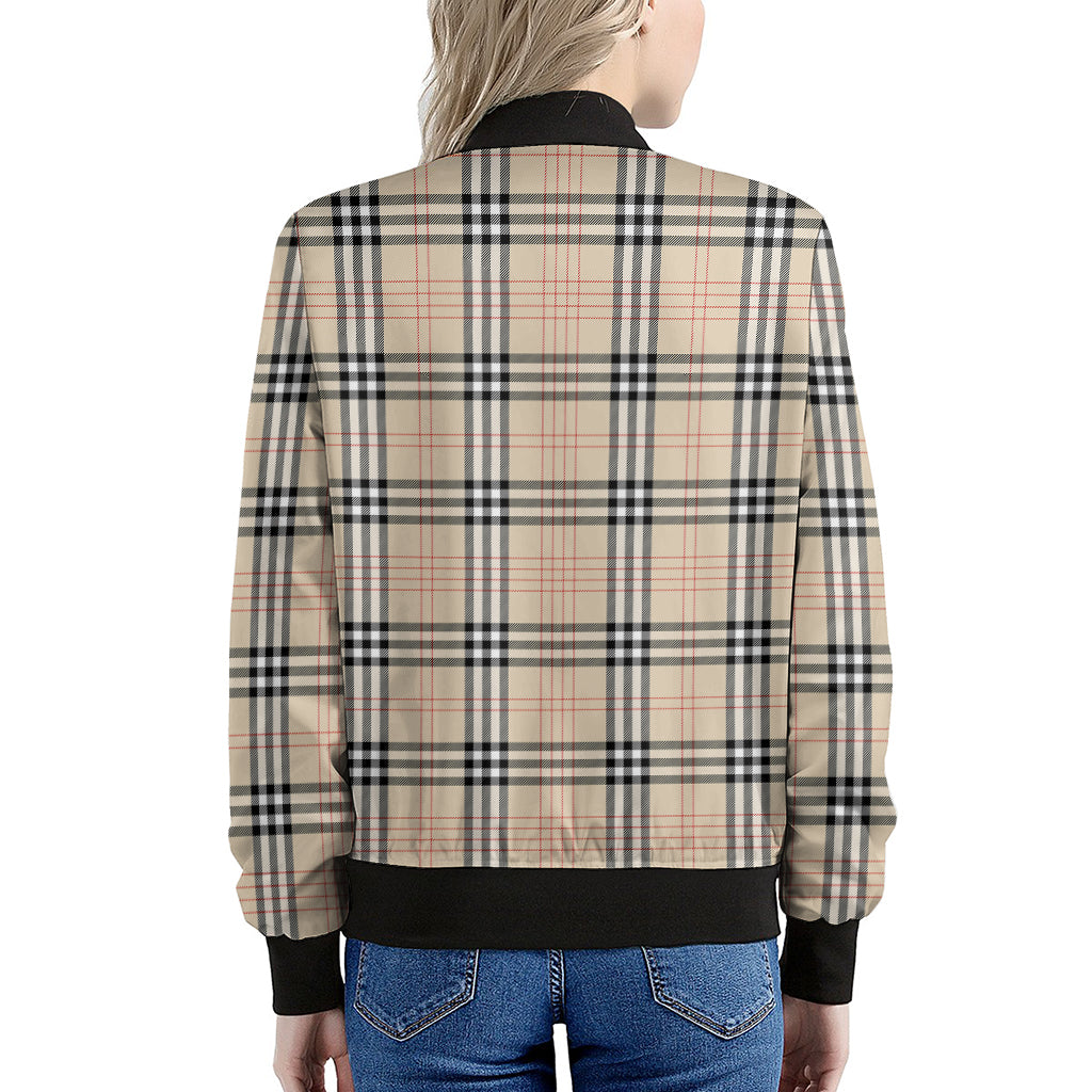 Beige Tartan Pattern Print Women's Bomber Jacket