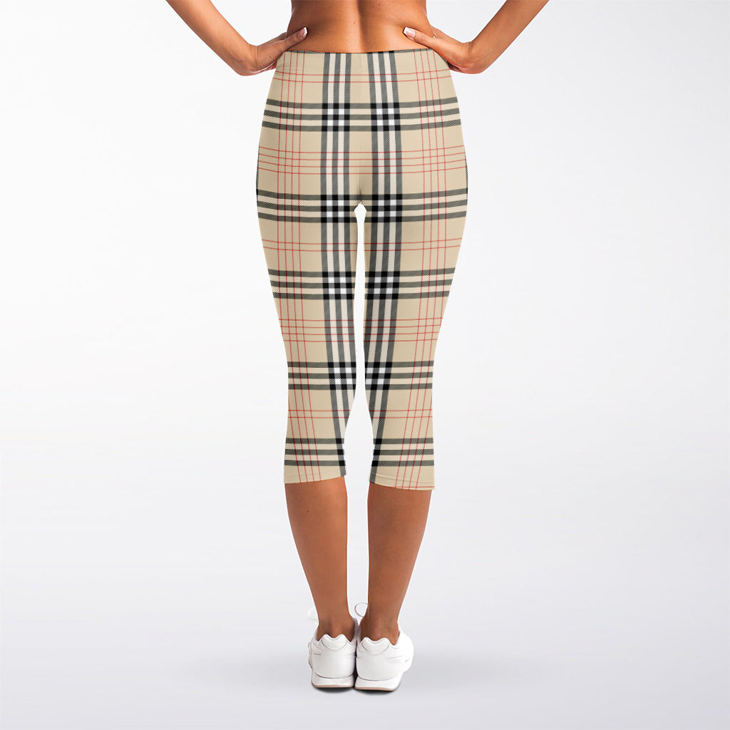 Beige Tartan Pattern Print Women's Capri Leggings