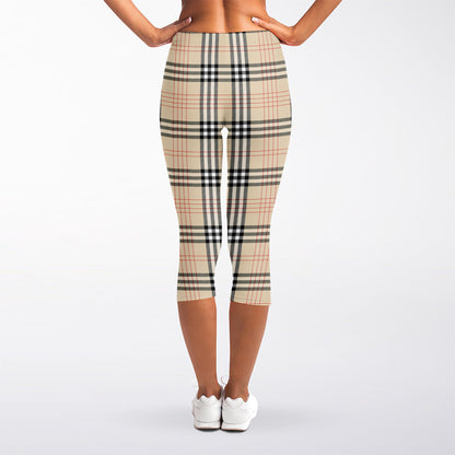 Beige Tartan Pattern Print Women's Capri Leggings