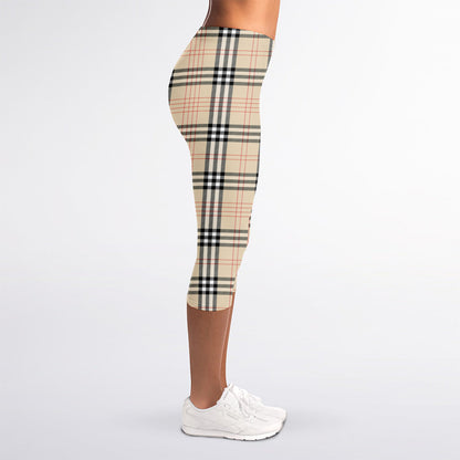 Beige Tartan Pattern Print Women's Capri Leggings