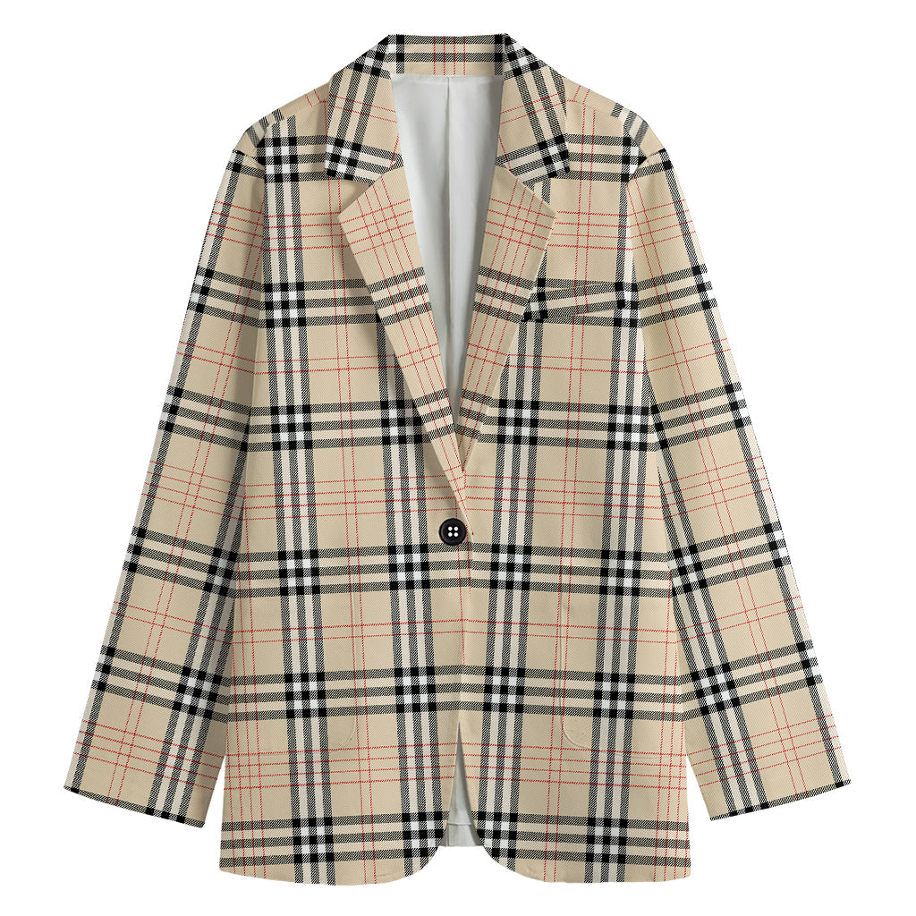 Beige Tartan Pattern Print Women's Cotton Blazer